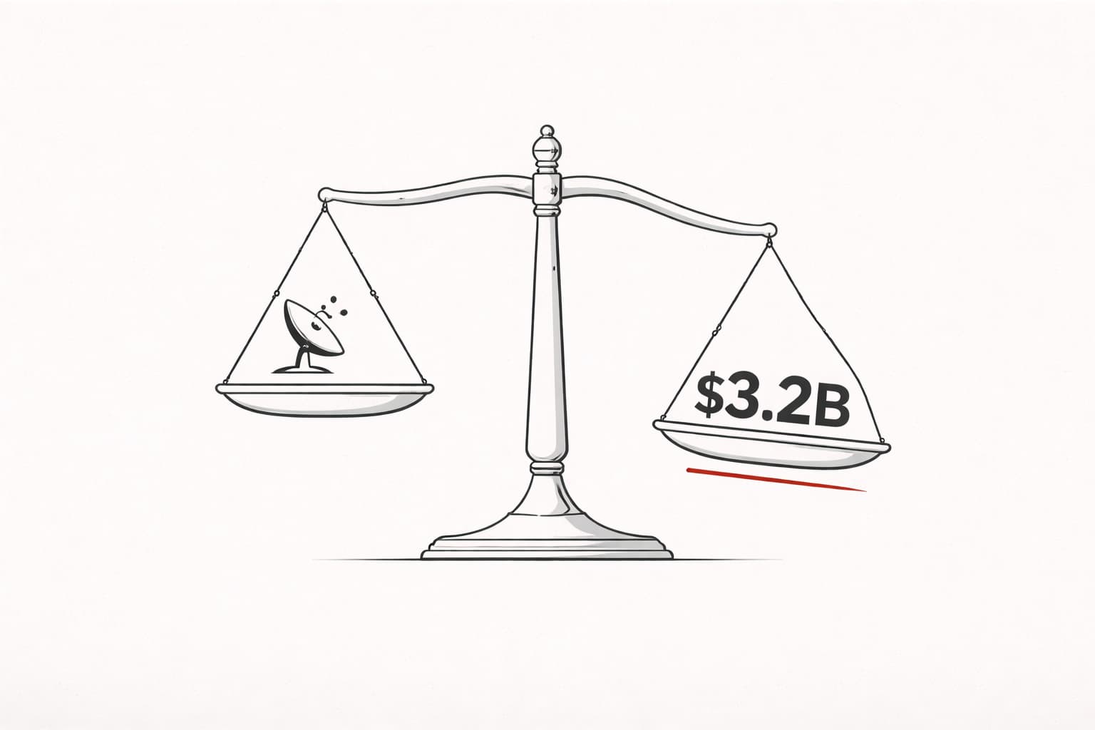 Weighing scales showing a small satellite dish on one side and $3.2B on the other - the acquisition price imbalance in African media